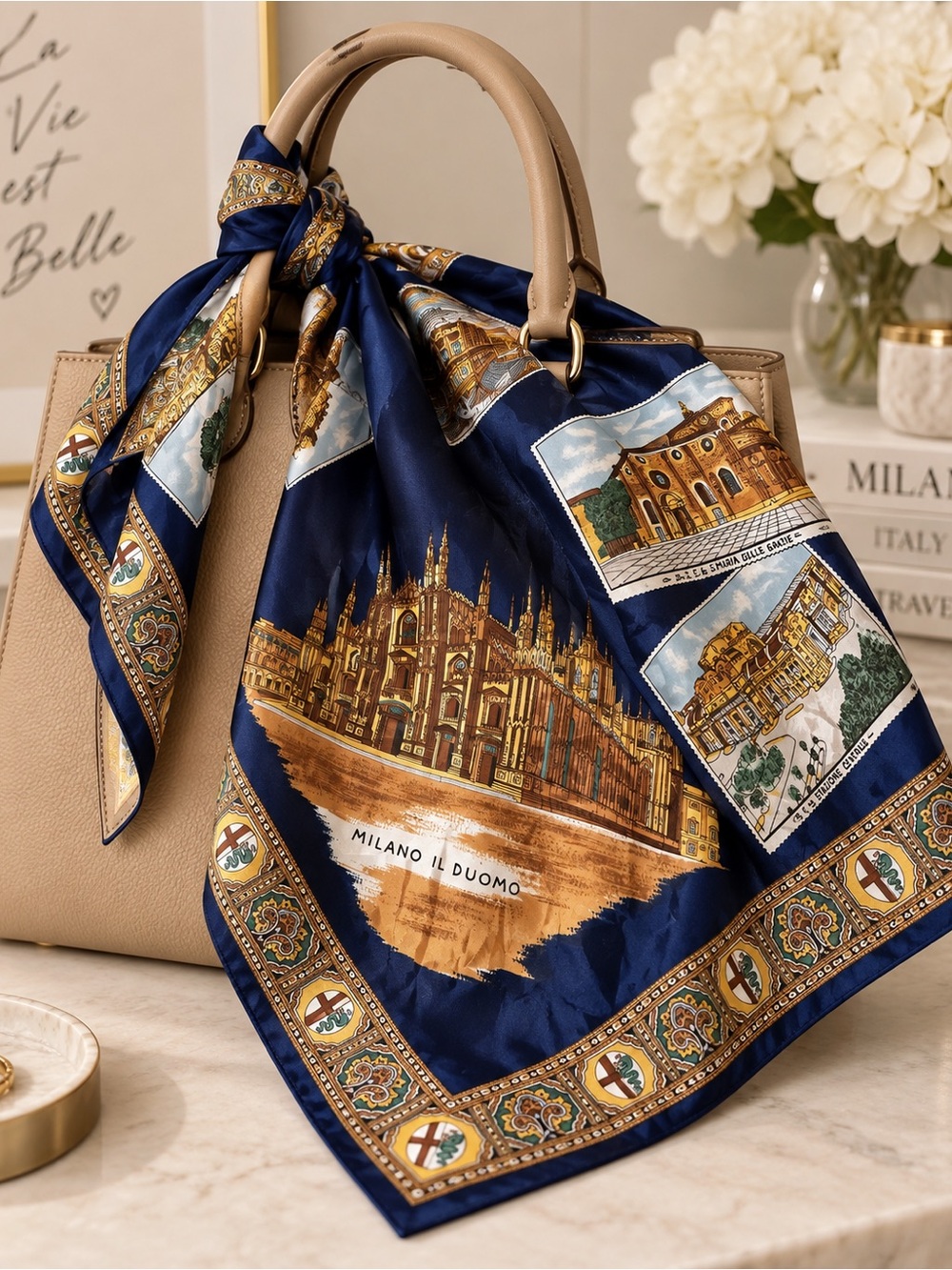 Vintage Milano Il Duomo Italy Souvenir Scarf Navy Architectural Print